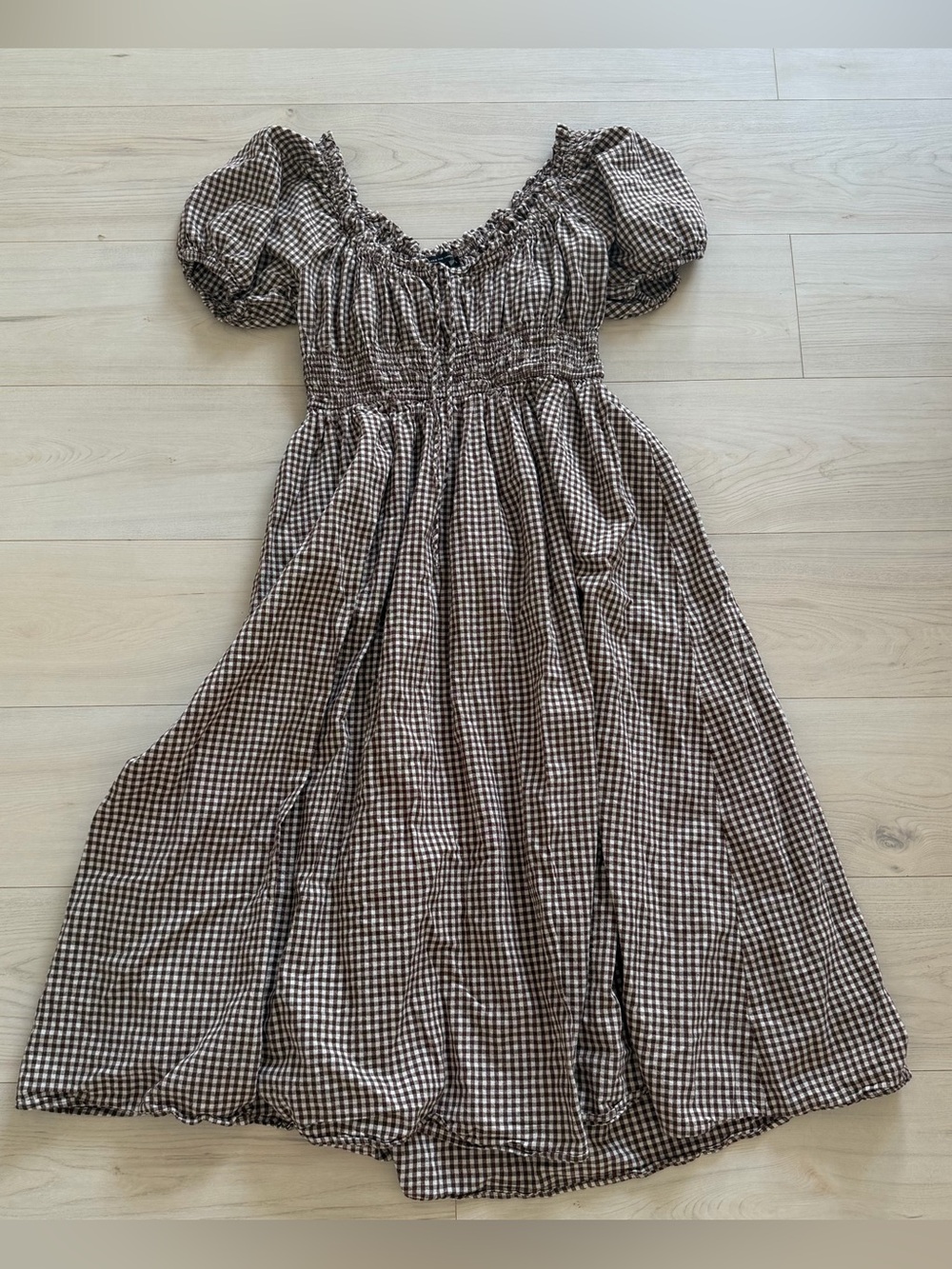 Elodie The Label Brown Gingham Puff-Sleeve Midi Dress Large